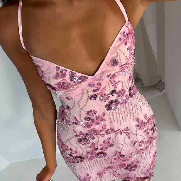 Baby Pink Women's Sexy Party Handmade 3D Flower Sequin Halter Dress - Picture 3 of 7